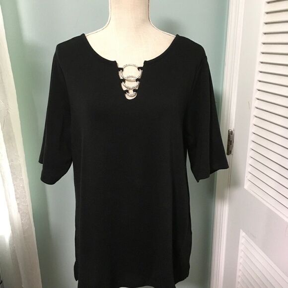 Quacker Factory black rhinestone ring neckline elbow sleeves versatile top - Picture 3 of 6